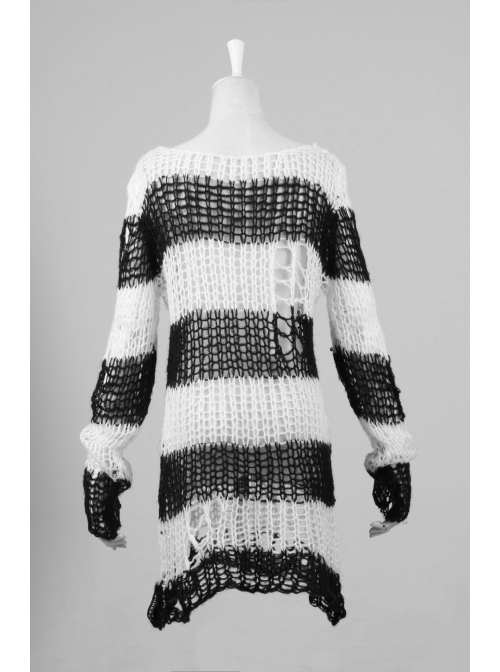 Black And White Broken Holes Long Sleeve Round Collar Punk Sweater