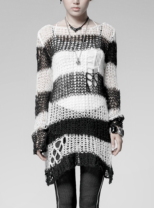 Black And White Broken Holes Long Sleeve Round Collar Punk Sweater