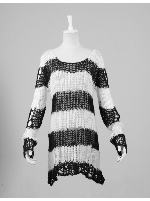 Black And White Broken Holes Long Sleeve Round Collar Punk Sweater