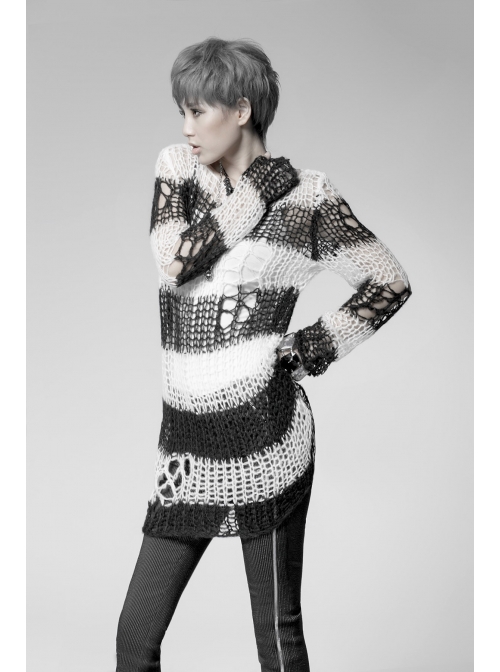 Black And White Broken Holes Long Sleeve Round Collar Punk Sweater
