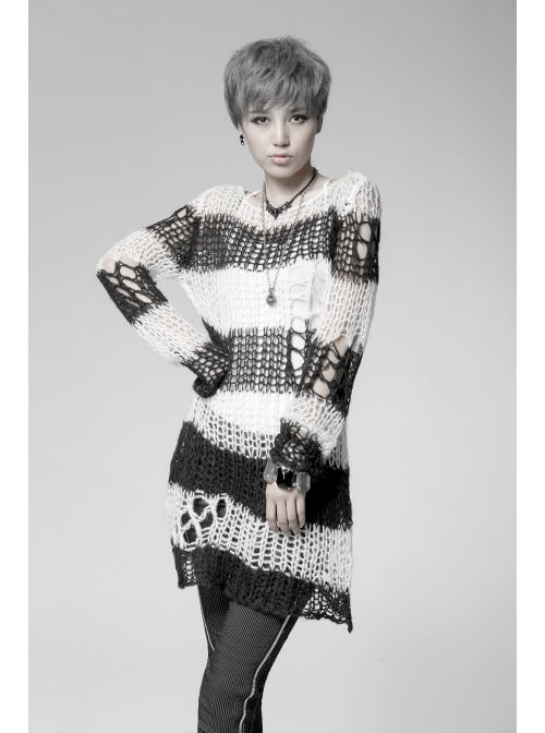 Black And White Broken Holes Long Sleeve Round Collar Punk Sweater