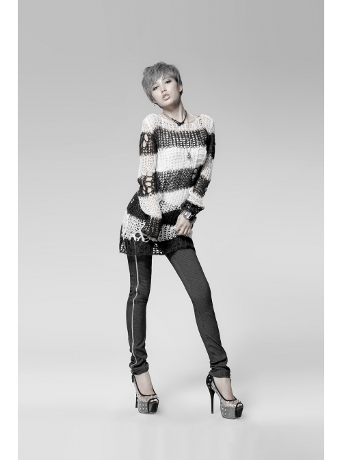 Black And White Broken Holes Long Sleeve Round Collar Punk Sweater
