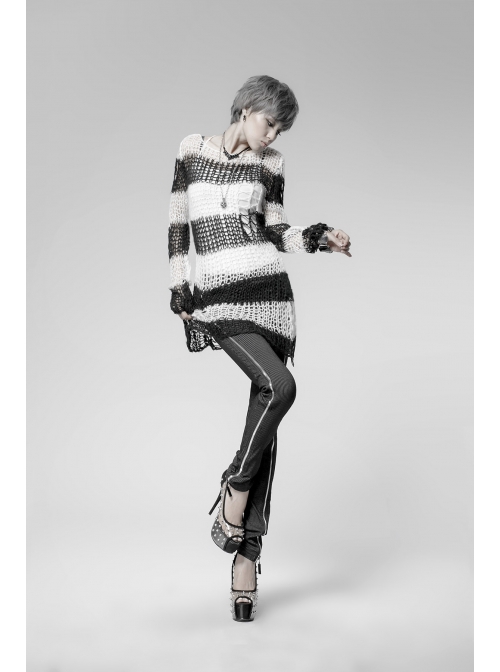 Black And White Broken Holes Long Sleeve Round Collar Punk Sweater