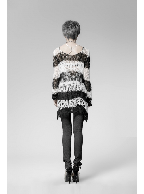 Black And White Broken Holes Long Sleeve Round Collar Punk Sweater