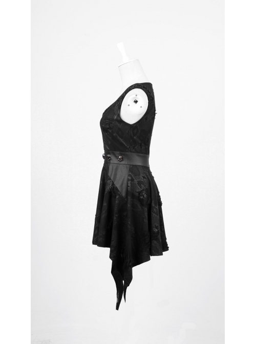 V-Neck Shoulder Lace-Up Waist Skulls Decoration Asymmetric Sharp Cutting Hem Black Punk Dress