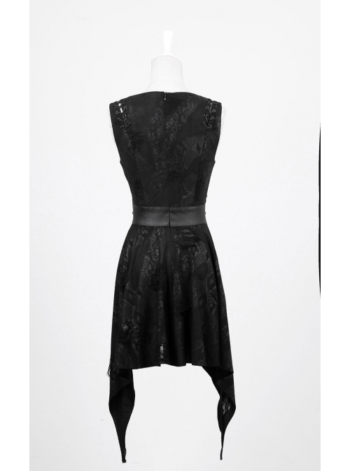 V-Neck Shoulder Lace-Up Waist Skulls Decoration Asymmetric Sharp Cutting Hem Black Punk Dress
