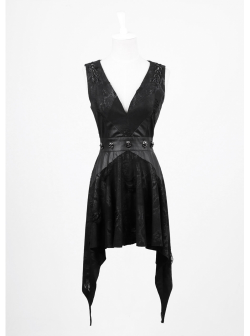 V-Neck Shoulder Lace-Up Waist Skulls Decoration Asymmetric Sharp Cutting Hem Black Punk Dress