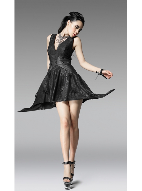 V-Neck Shoulder Lace-Up Waist Skulls Decoration Asymmetric Sharp Cutting Hem Black Punk Dress