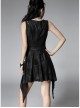 V-Neck Shoulder Lace-Up Waist Skulls Decoration Asymmetric Sharp Cutting Hem Black Punk Dress
