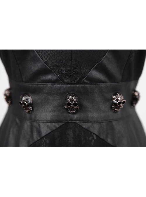 V-Neck Shoulder Lace-Up Waist Skulls Decoration Asymmetric Sharp Cutting Hem Black Punk Dress