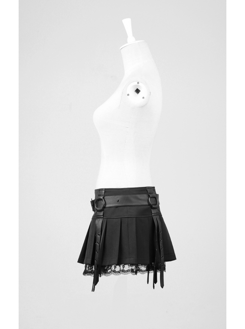 Black Cross Sagging Belt Lace Hem Punk Short Skirt