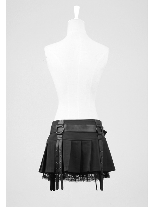 Black Cross Sagging Belt Lace Hem Punk Short Skirt