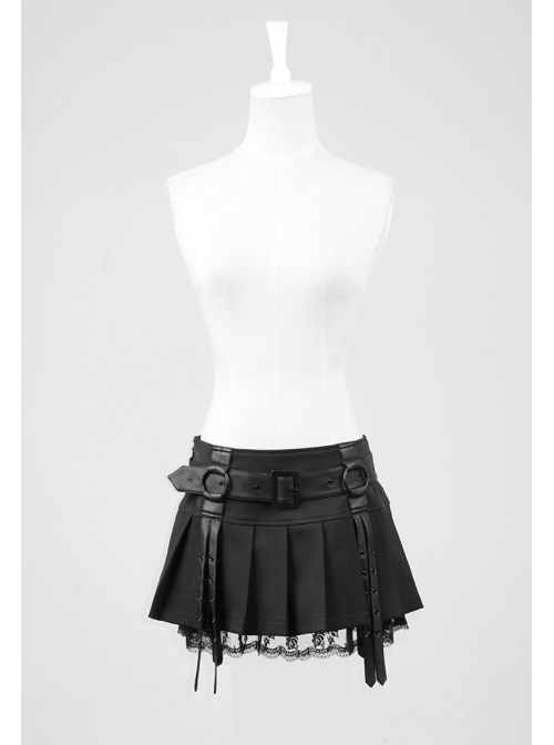 Black Cross Sagging Belt Lace Hem Punk Short Skirt - Magic Wardrobes