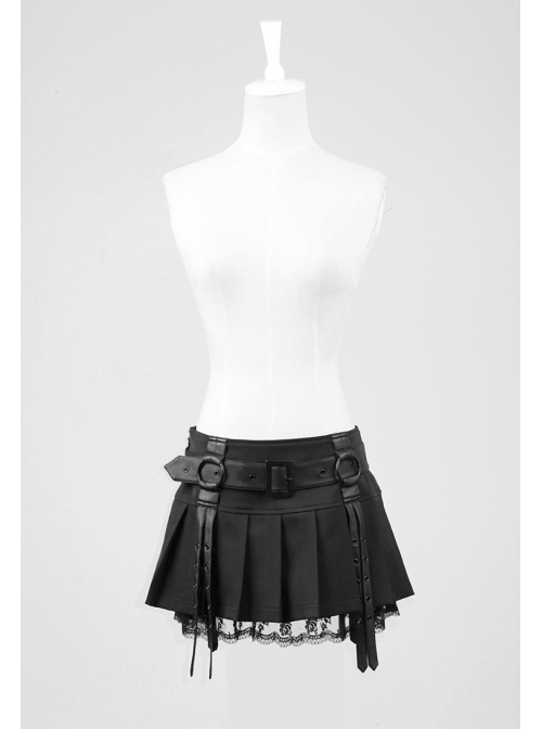 Black Cross Sagging Belt Lace Hem Punk Short Skirt