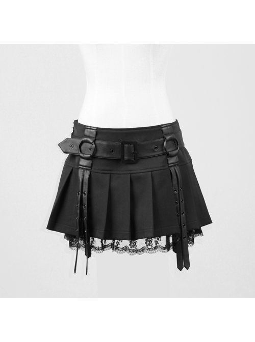 Black Cross Sagging Belt Lace Hem Punk Short Skirt