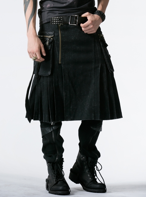 Side Pockets Zipper Decoration Sagging Bandage Frill Hem Black Punk Kilt