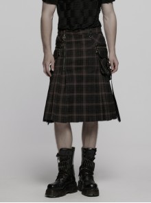 Side Pockets Zipper Decoration Sagging Bandage Frill Hem Black And Grey Plaid Punk Kilt