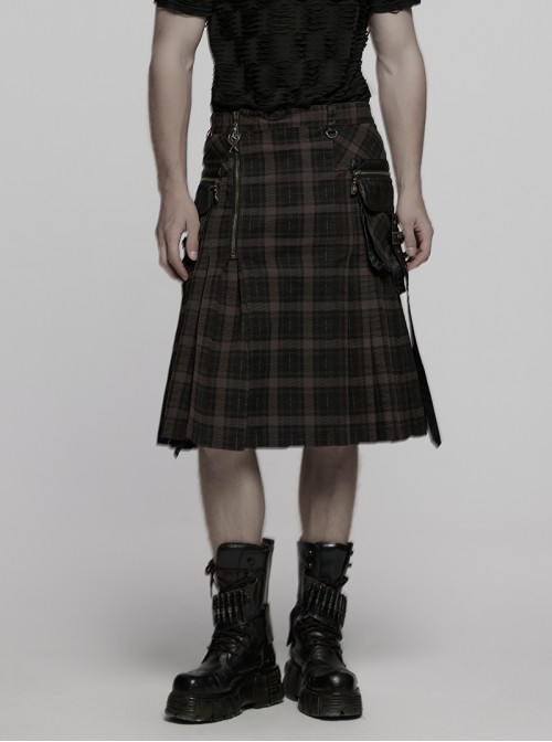 Side Pockets Zipper Decoration Sagging Bandage Frill Hem Black And Grey Plaid Punk Kilt