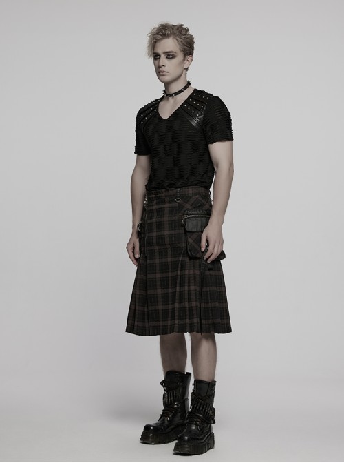 Side Pockets Zipper Decoration Sagging Bandage Frill Hem Black And Grey Plaid Punk Kilt