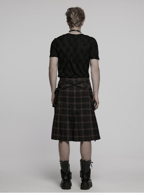 Side Pockets Zipper Decoration Sagging Bandage Frill Hem Black And Grey Plaid Punk Kilt