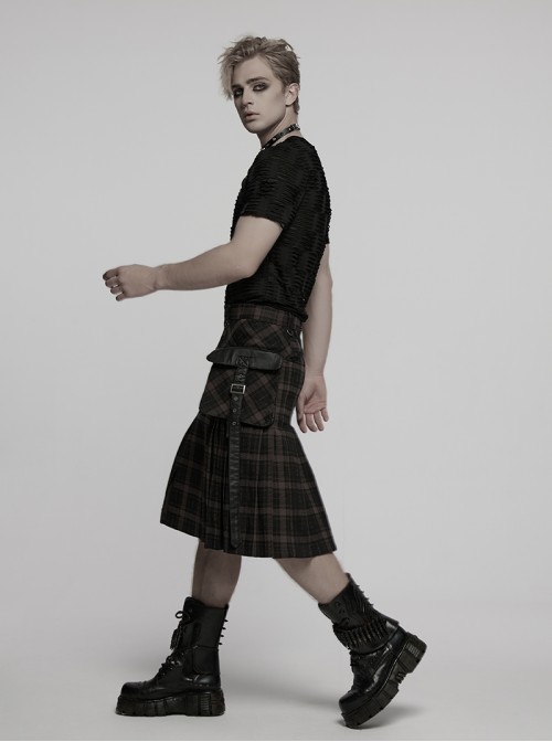 Side Pockets Zipper Decoration Sagging Bandage Frill Hem Black And Grey Plaid Punk Kilt