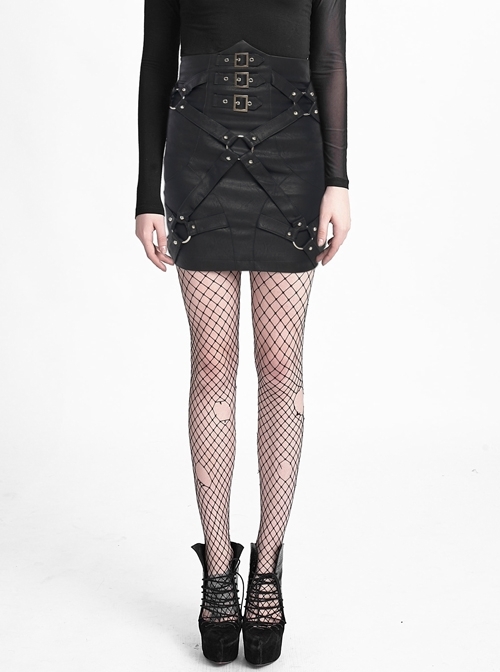 Metal Ring Cross-Connect Irregular Bandage Bag Loop High Waist Back Lace-Up Black Punk Skirt