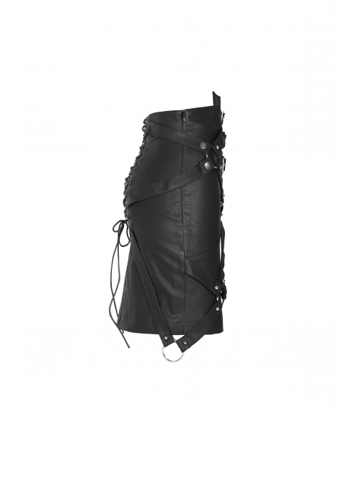 Metal Ring Cross-Connect Irregular Bandage Bag Loop High Waist Back Lace-Up Black Punk Skirt