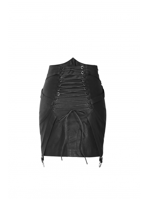 Metal Ring Cross-Connect Irregular Bandage Bag Loop High Waist Back Lace-Up Black Punk Skirt