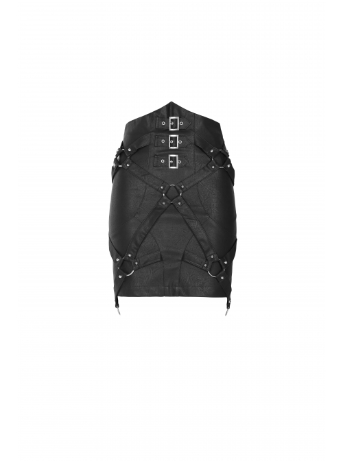 Metal Ring Cross-Connect Irregular Bandage Bag Loop High Waist Back Lace-Up Black Punk Skirt