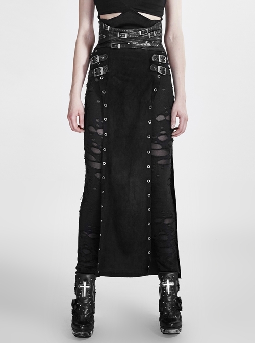 High Waist Cross Leather Loop Metal Buckle Side Hollow-Out Black Punk Broken Holes Mesh Long Skirt