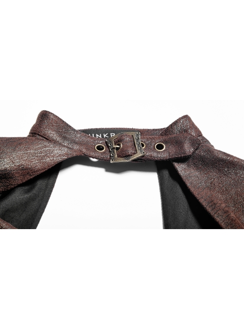 Brown Stripe Hasp Collar Gear Pattern Print Brooch Back Rear Long Frill Hem Punk Dress