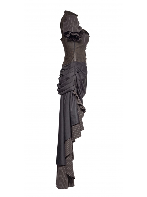 Brown Stripe Hasp Collar Gear Pattern Print Brooch Back Rear Long Frill Hem Punk Dress