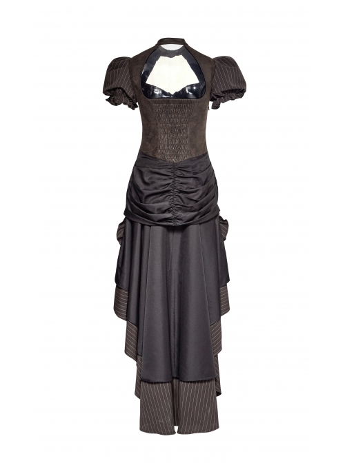 Brown Stripe Hasp Collar Gear Pattern Print Brooch Back Rear Long Frill Hem Punk Dress