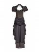 Brown Stripe Hasp Collar Gear Pattern Print Brooch Back Rear Long Frill Hem Punk Dress