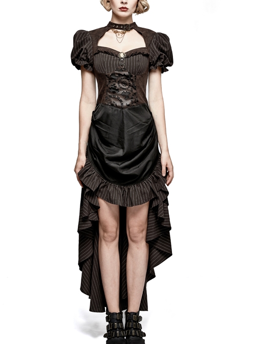 Brown Stripe Hasp Collar Gear Pattern Print Brooch Back Rear Long Frill Hem Punk Dress
