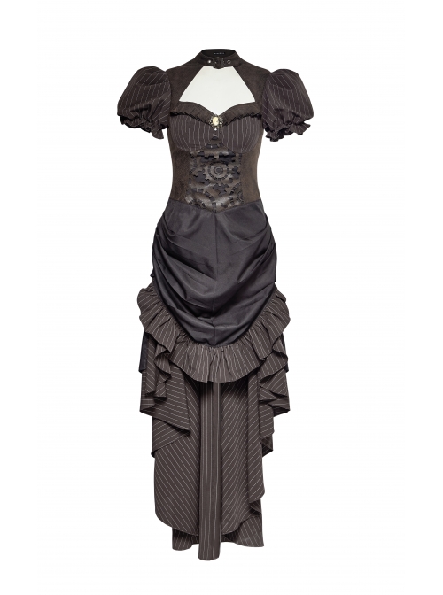 Brown Stripe Hasp Collar Gear Pattern Print Brooch Back Rear Long Frill Hem Punk Dress