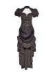 Brown Stripe Hasp Collar Gear Pattern Print Brooch Back Rear Long Frill Hem Punk Dress