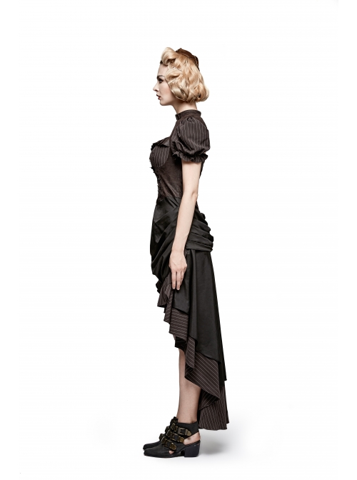 Brown Stripe Hasp Collar Gear Pattern Print Brooch Back Rear Long Frill Hem Punk Dress