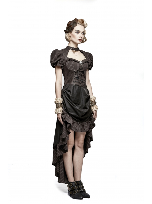 Brown Stripe Hasp Collar Gear Pattern Print Brooch Back Rear Long Frill Hem Punk Dress