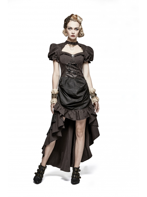 Brown Stripe Hasp Collar Gear Pattern Print Brooch Back Rear Long Frill Hem Punk Dress