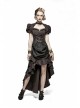 Brown Stripe Hasp Collar Gear Pattern Print Brooch Back Rear Long Frill Hem Punk Dress