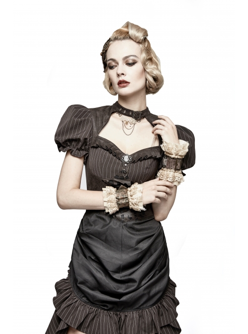 Brown Stripe Hasp Collar Gear Pattern Print Brooch Back Rear Long Frill Hem Punk Dress