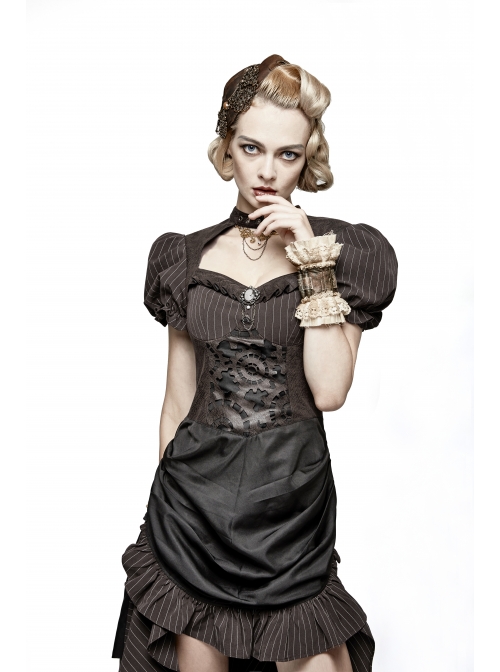 Brown Stripe Hasp Collar Gear Pattern Print Brooch Back Rear Long Frill Hem Punk Dress