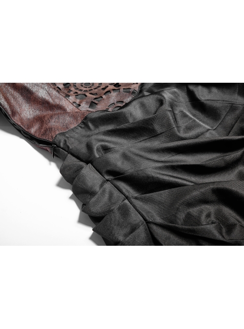 Brown Stripe Hasp Collar Gear Pattern Print Brooch Back Rear Long Frill Hem Punk Dress