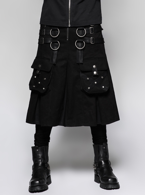 Metal Hasp Leather Bandage Front Pockets Frill Hem Black Punk Kilt