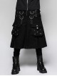 Metal Hasp Leather Bandage Front Pockets Frill Hem Black Punk Kilt