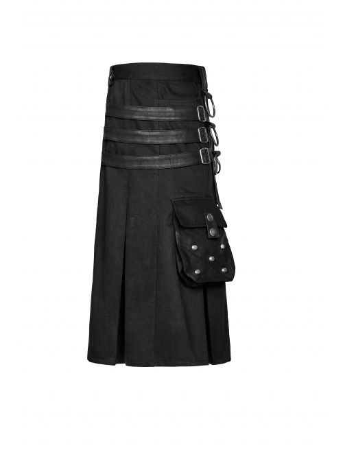 Metal Hasp Leather Bandage Front Pockets Frill Hem Black Punk Kilt