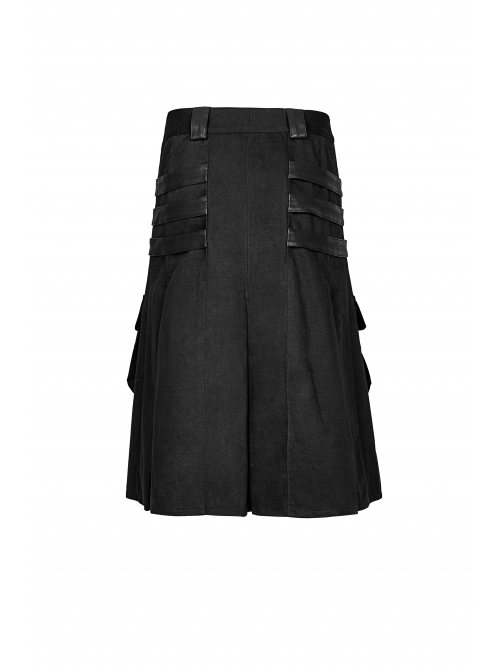 Metal Hasp Leather Bandage Front Pockets Frill Hem Black Punk Kilt