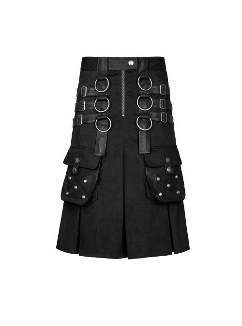 Metal Hasp Leather Bandage Front Pockets Frill Hem Black Punk Kilt