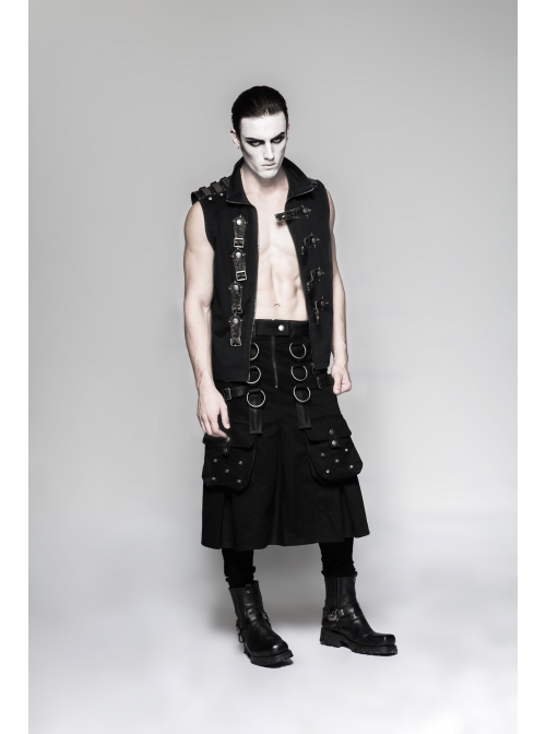 Metal Hasp Leather Bandage Front Pockets Frill Hem Black Punk Kilt